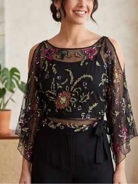 Chaudry Black Embroidered Cold-Shoulder Sheer Blouse S